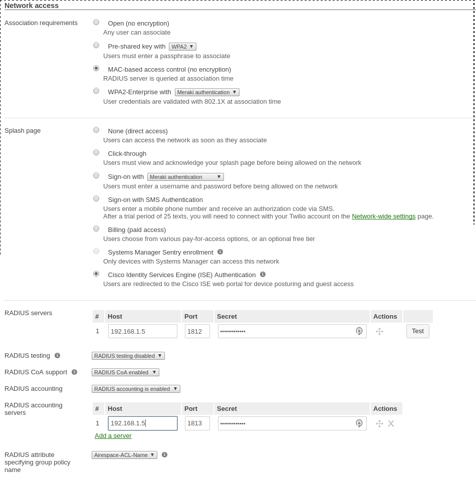 Security and RADIUS configuration