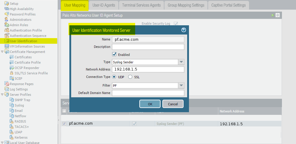 Syslog sender configuration