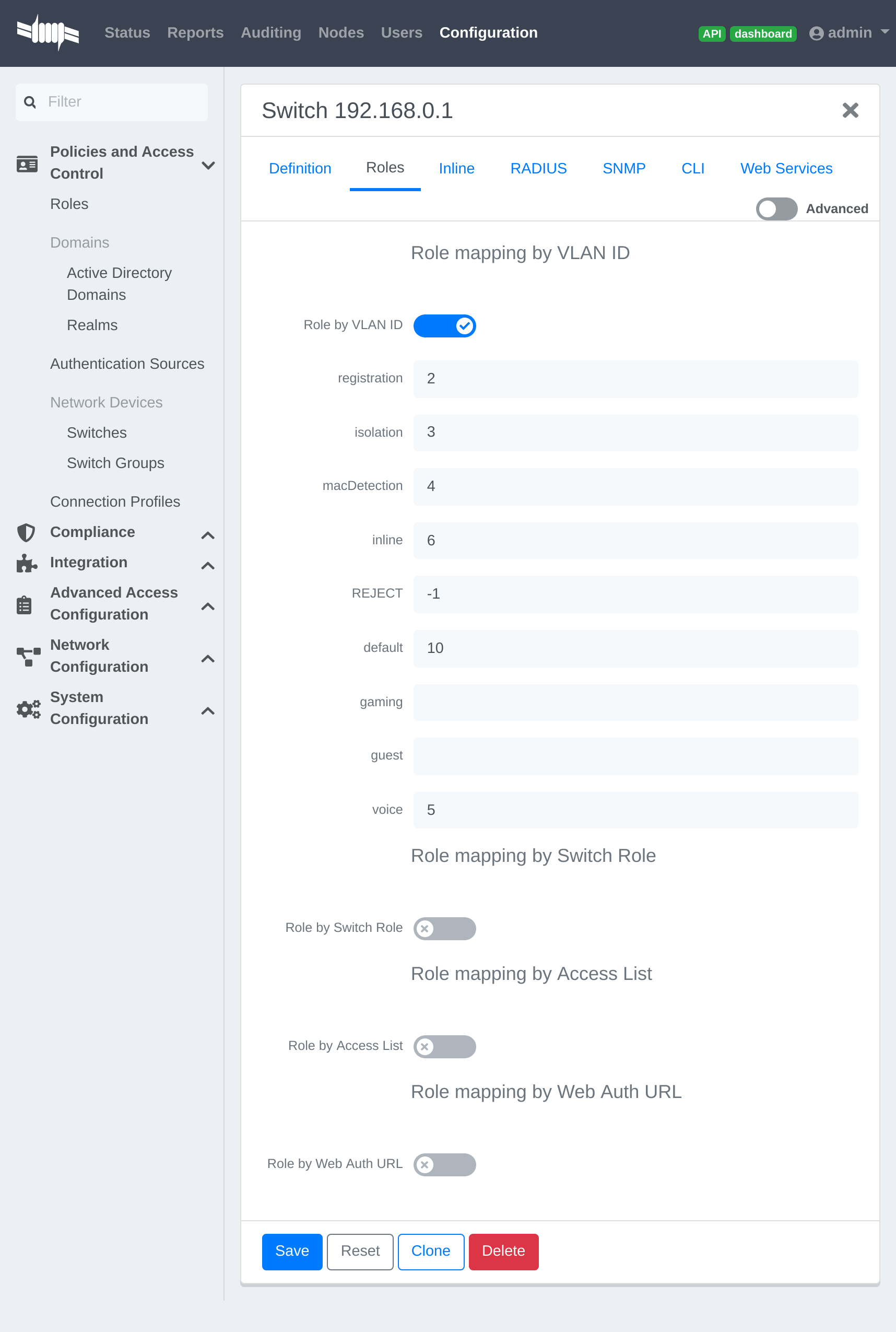 PacketFence role configuration