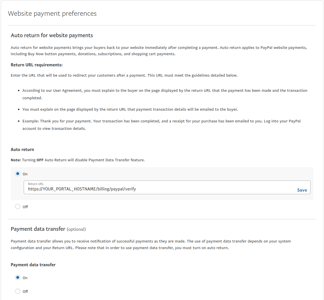 Paypal website payment settings
