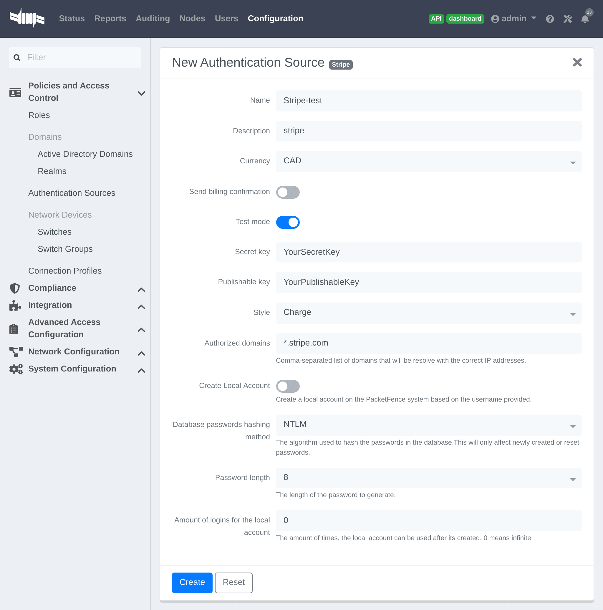 Stripe PacketFence configuration