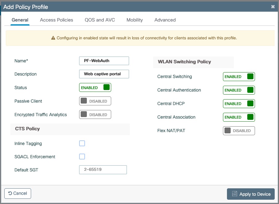 Add PF-WebAuth Policy Profile