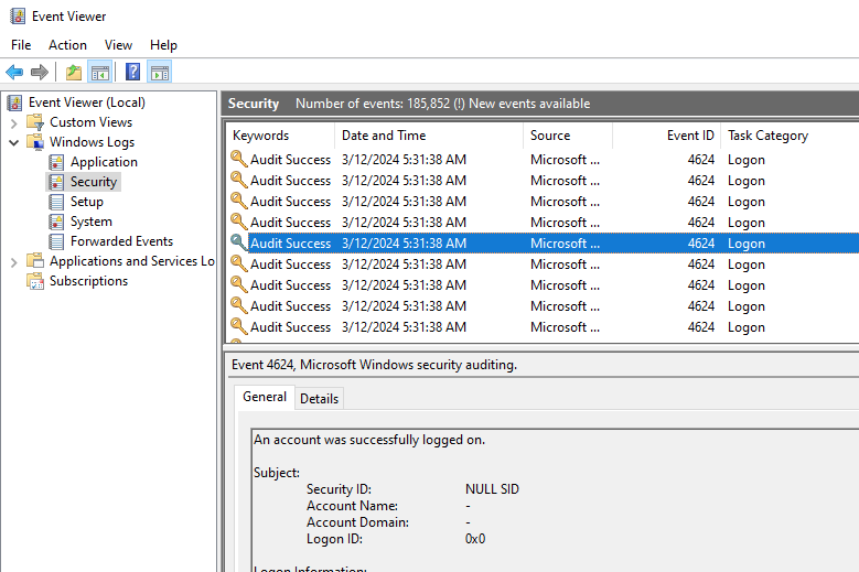 Windows Events Viewer