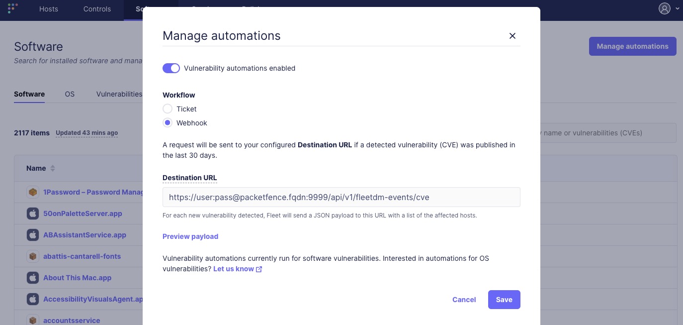 FleetDM webhook for CVEs