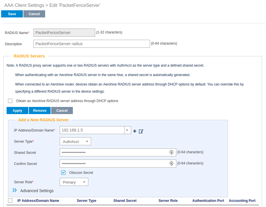 AAA Radius config