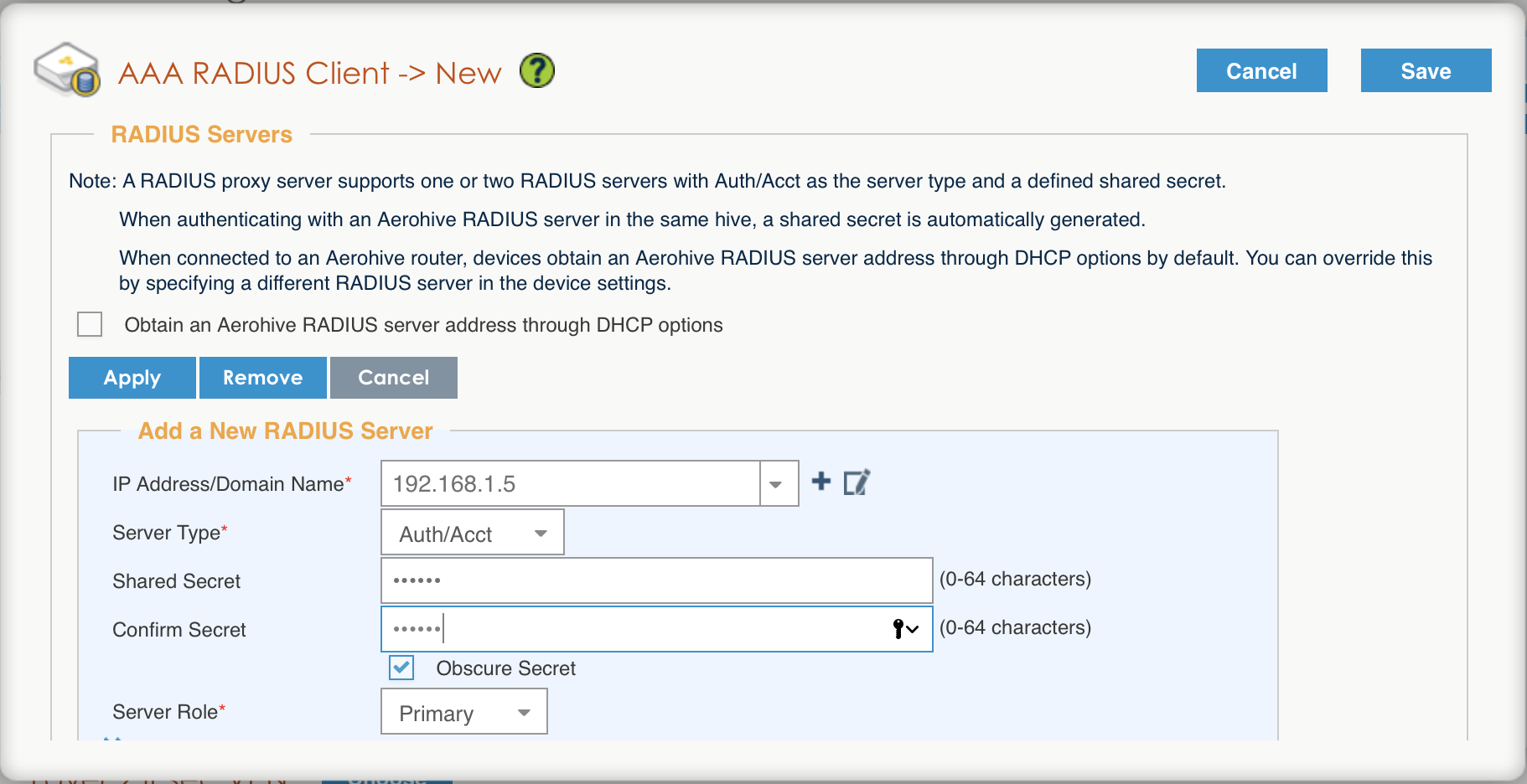 Radius configuration