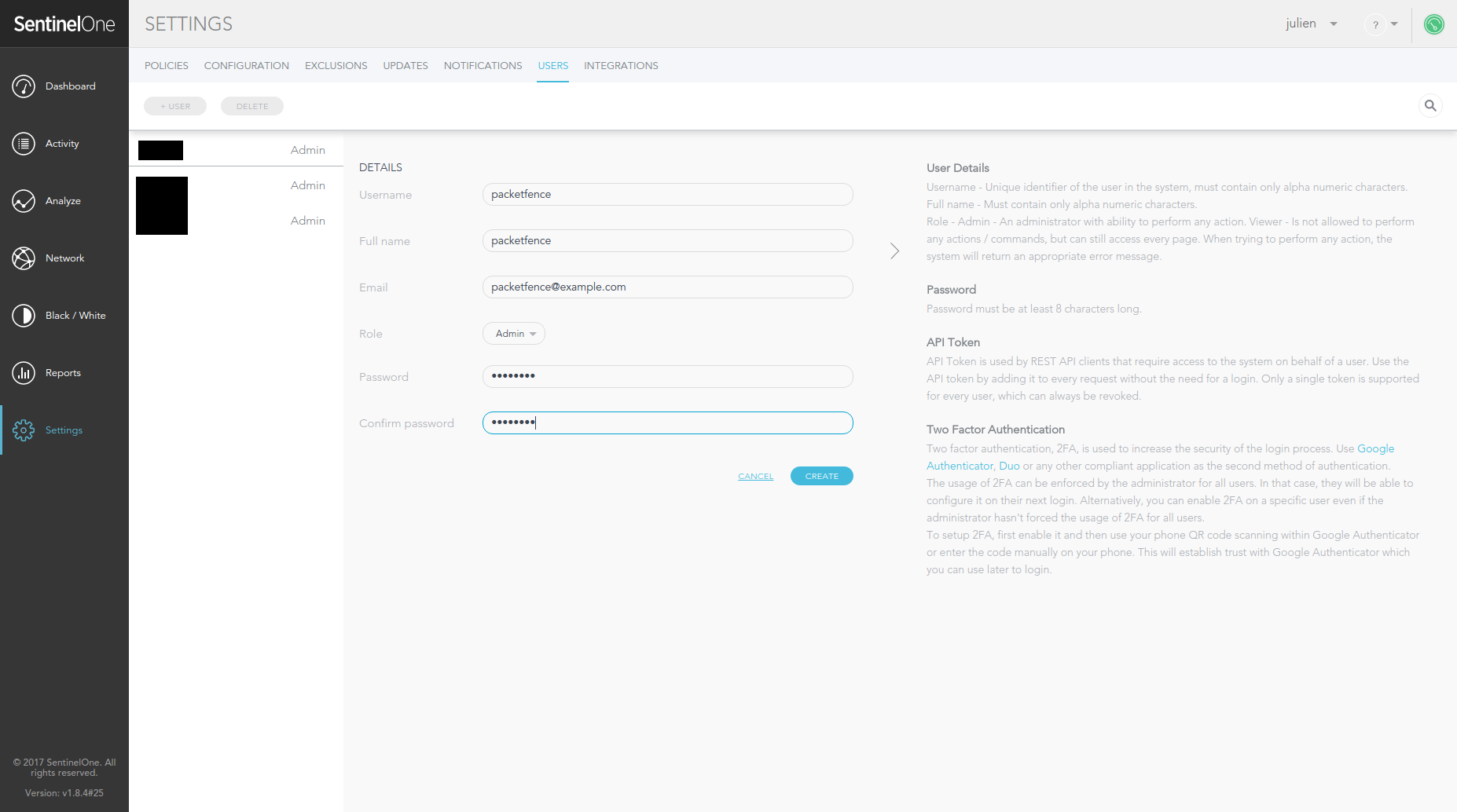 SentinelOne user creation